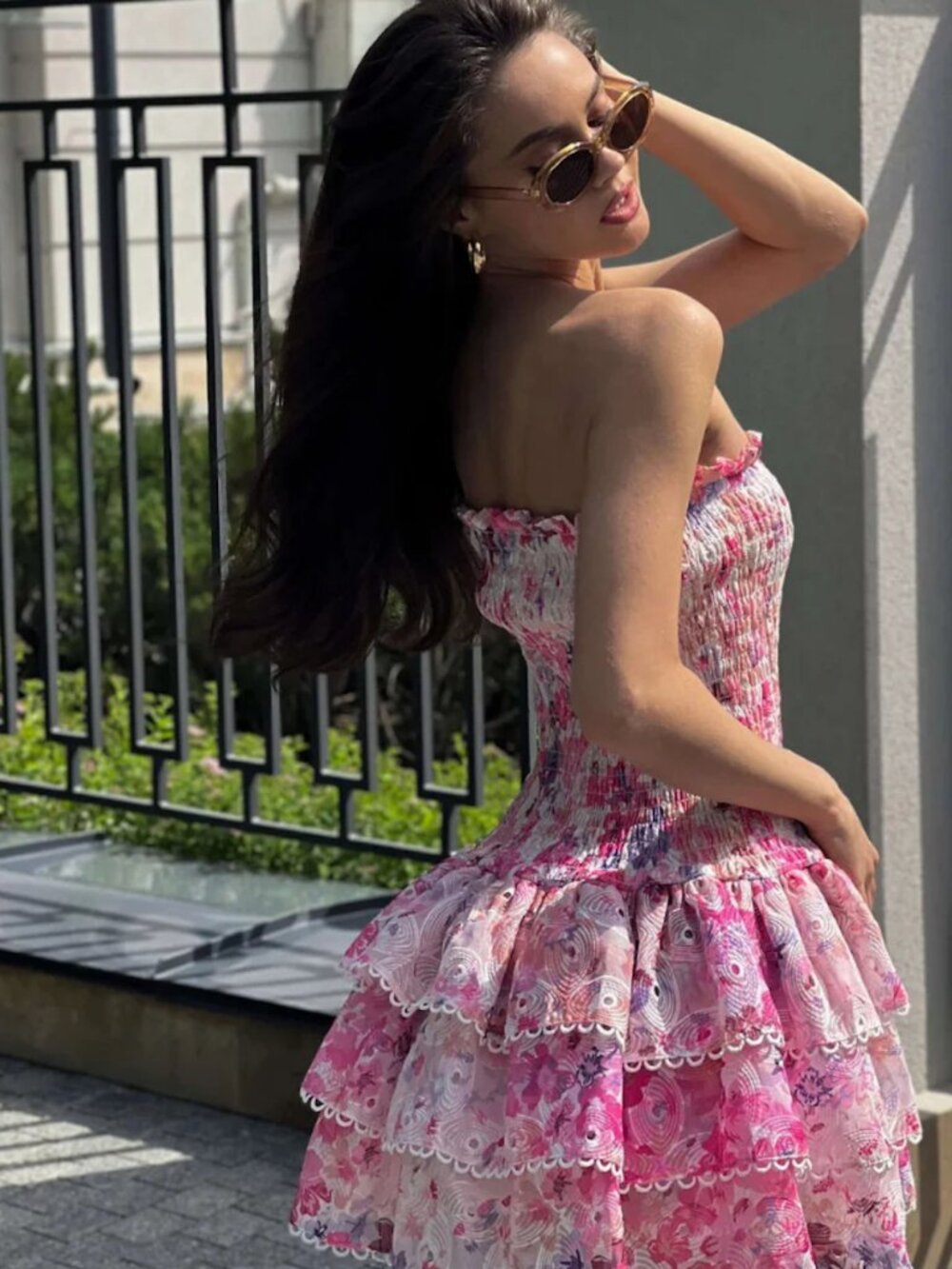 Romantic Pink Floral Smocked Strapless Mini Dress